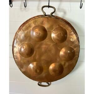 Antique French Copper Egg Poacher Pan 14" Tin Lined Brass Handles Cookware